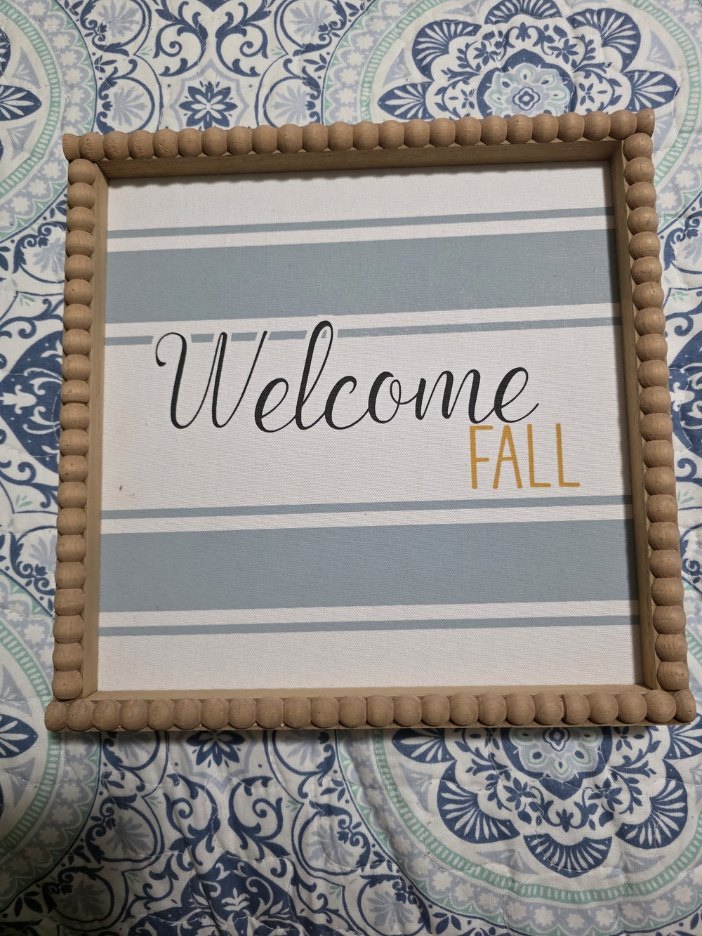 Welcome Fall Wood Bead Framed Sign - Blue and Mustard Accent